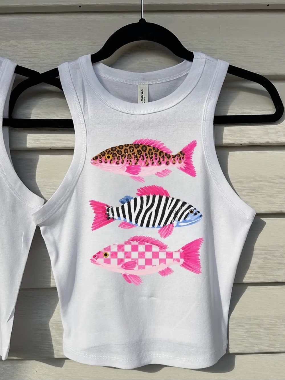 Unbranded White Tank Top with Pink Accent Fish Print